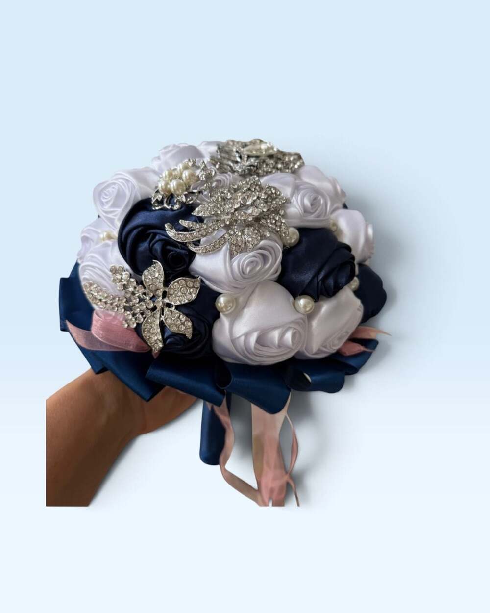 Handmade Satin Rose Wedding Bouquet Navy Blue White Pearl Brooch